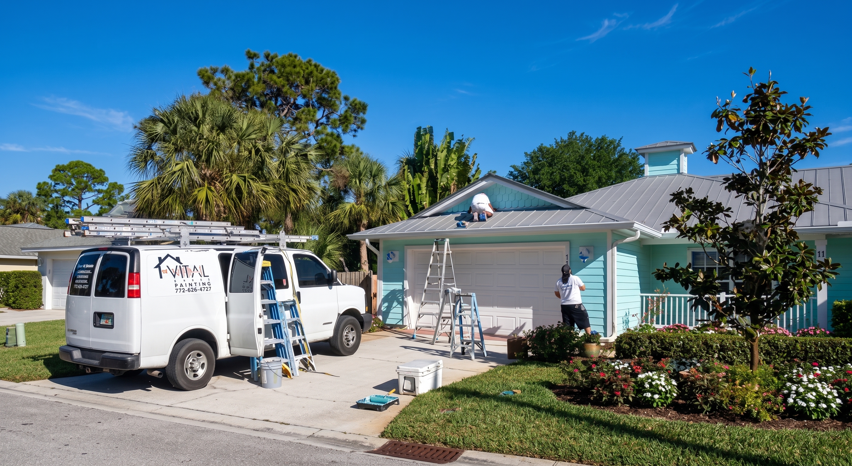 Clean crisp exterior paint edge applied by Vital Homes Painting on a Port St. Lucie stucco home, showing zero bleed where wall color meets white window trim.
