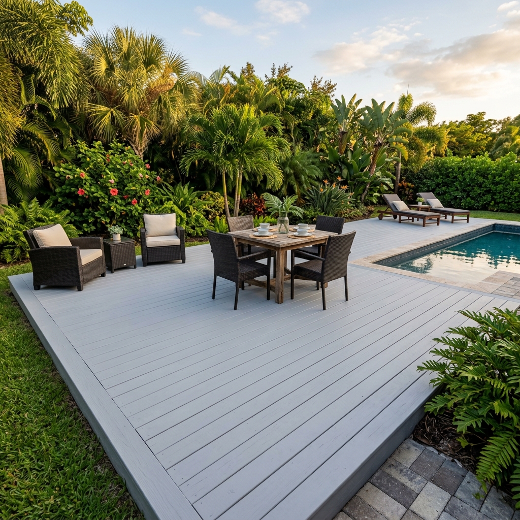 Freshly painted Florida patio deck with clean gray slip-resistant finish and crisp painted edges by Vital Homes Painting, surrounded by tropical greenery.