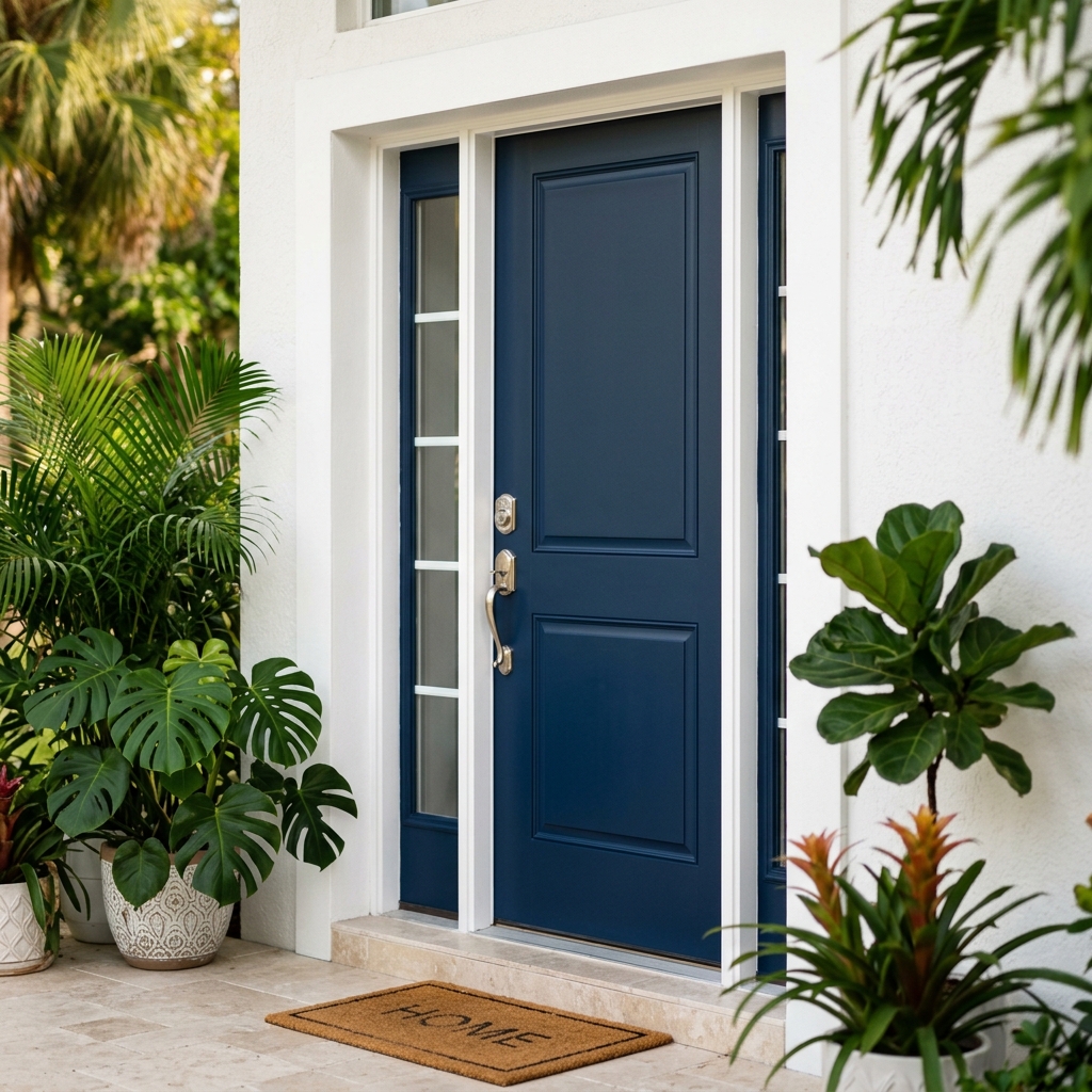 Freshly painted deep navy-blue front door with gleaming chrome hardware on a white stucco Port St. Lucie home entry by Vital Homes Painting.