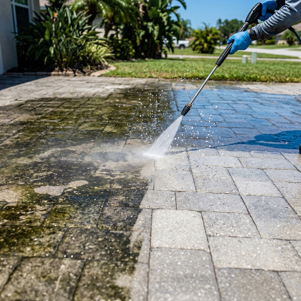 Before and after split shot of a Port St. Lucie driveway pressure-washed by Vital Homes Painting — dark mold-stained pavers on the left, bright clean surface on the right.